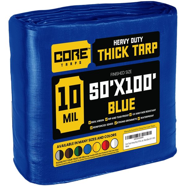 Core Tarps 100 ft L x 0.5 mm H x 50 ft W Heavy Duty 10 Mil Tarp, Blue, Polyethylene CT-605-50X100